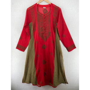 ANOKHI Tunic Top M Indian Traditional Kurta Long Blouse Long Sleeve Red
